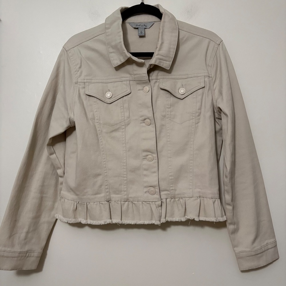 Heart of Pine Tan Denim Jacket Ruffle Peplum Raw Hem Beige Womens Large
